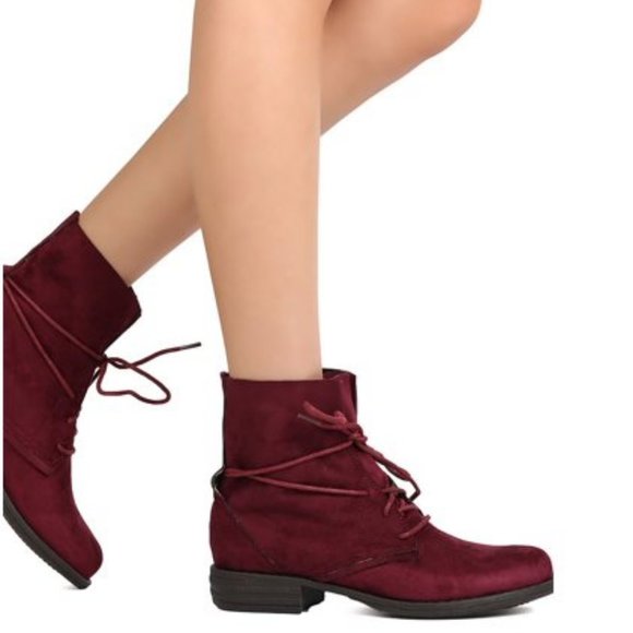 Betani Vegan Suede Flared Collar Wraparound Boho Lace Up Burgundy Bootie - Picture 1 of 3